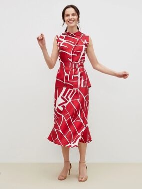 MM. LaFleur Red+White Silk Top + Skirt Set with Belt - Skirt=Size 16/Top=Size XL